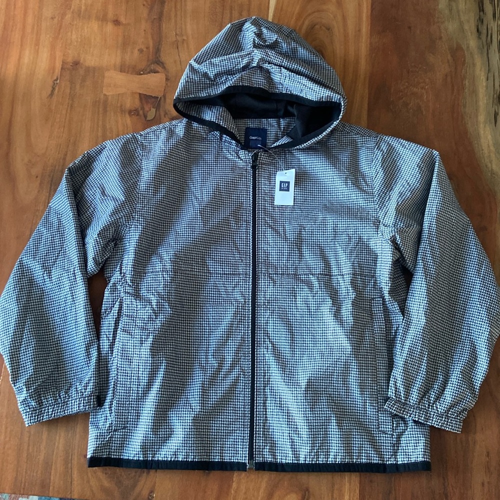 Gap Kids windbreaker jacket black grey houndstooth lightweight coat boys large